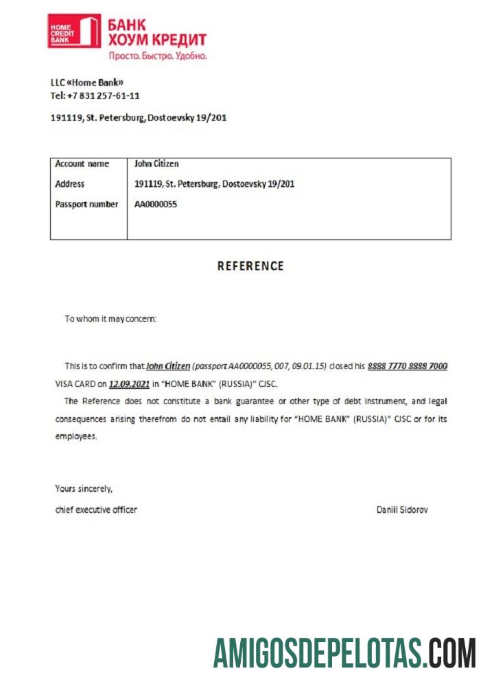 Referência de encerramento de crédito residencial do Banco da Rússia exemplo